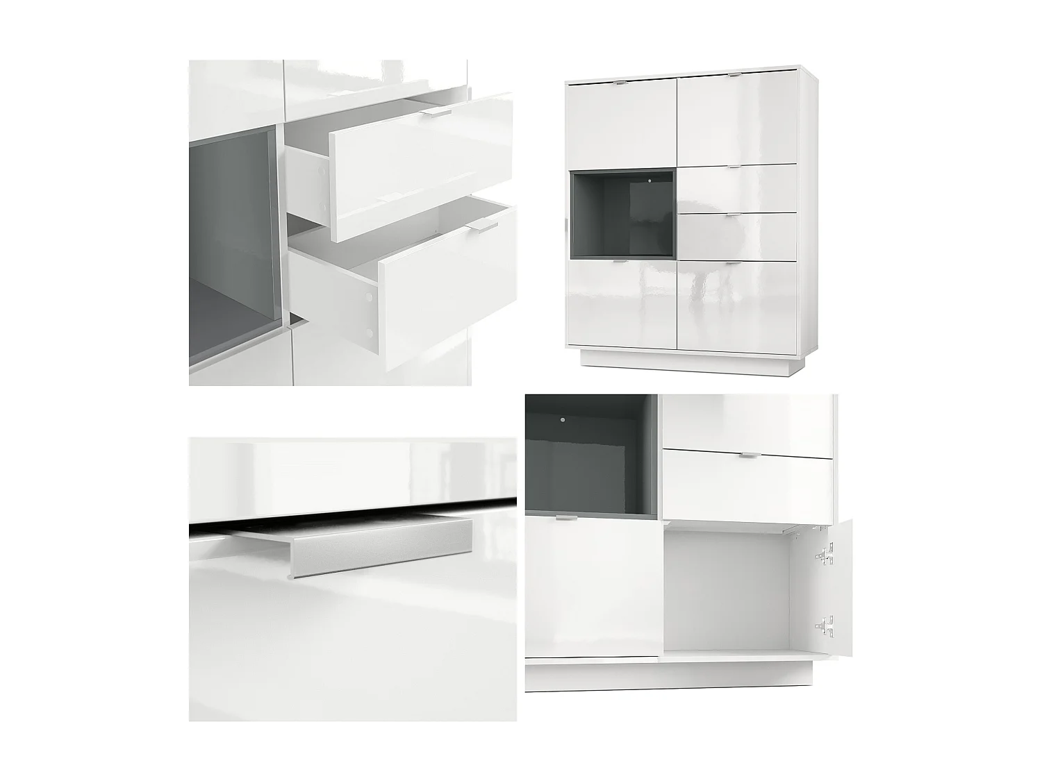 Buffet haut Armoire Metro, Corps en Blanc haute brillance / Façades en Blanc haute brillance avec une insertion en Noir haute brillance, incl. L'éclairage LED