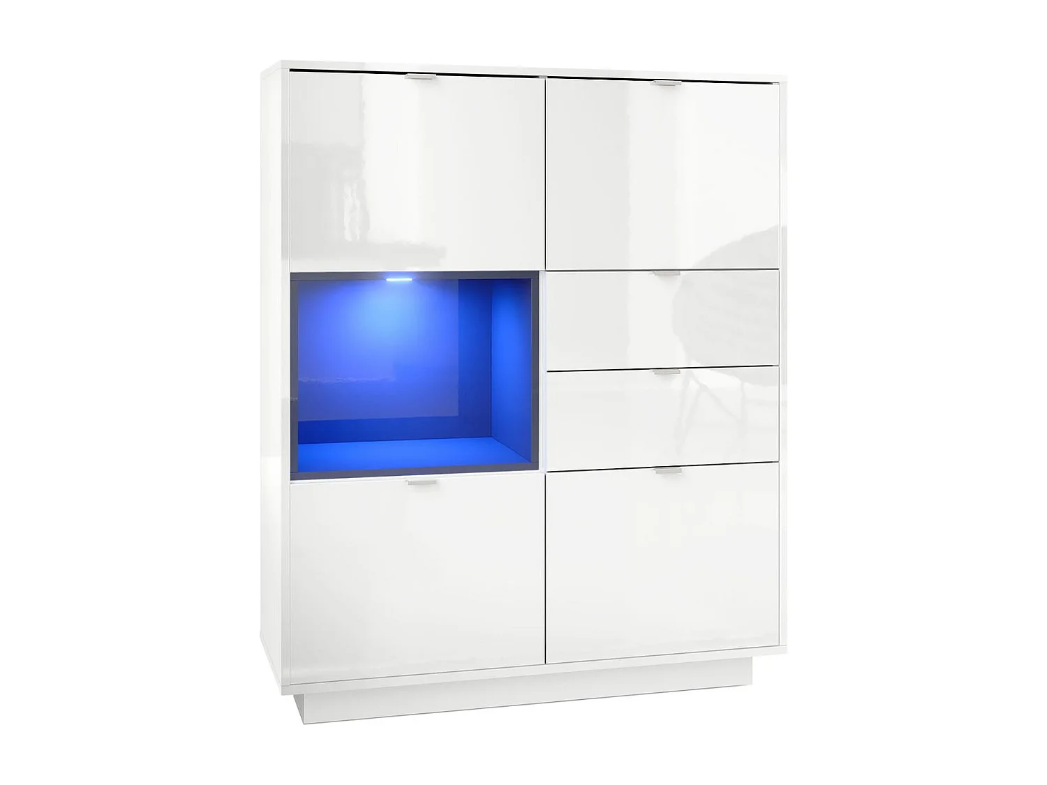 Buffet haut Armoire Metro, Corps en Blanc haute brillance / Façades en Blanc haute brillance avec une insertion en Noir haute brillance, incl. L'éclairage LED