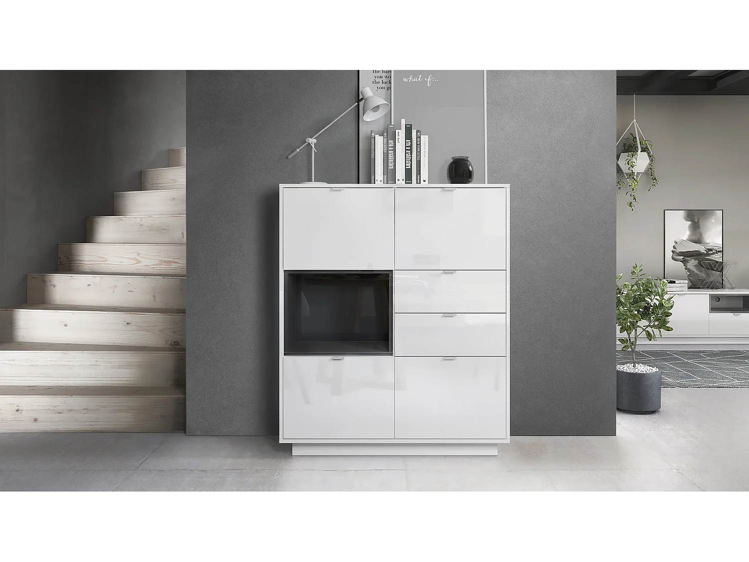 Buffet haut Armoire Metro, Corps en Blanc haute brillance / Façades en Blanc haute brillance avec une insertion en Noir haute brillance, incl. L'éclairage LED