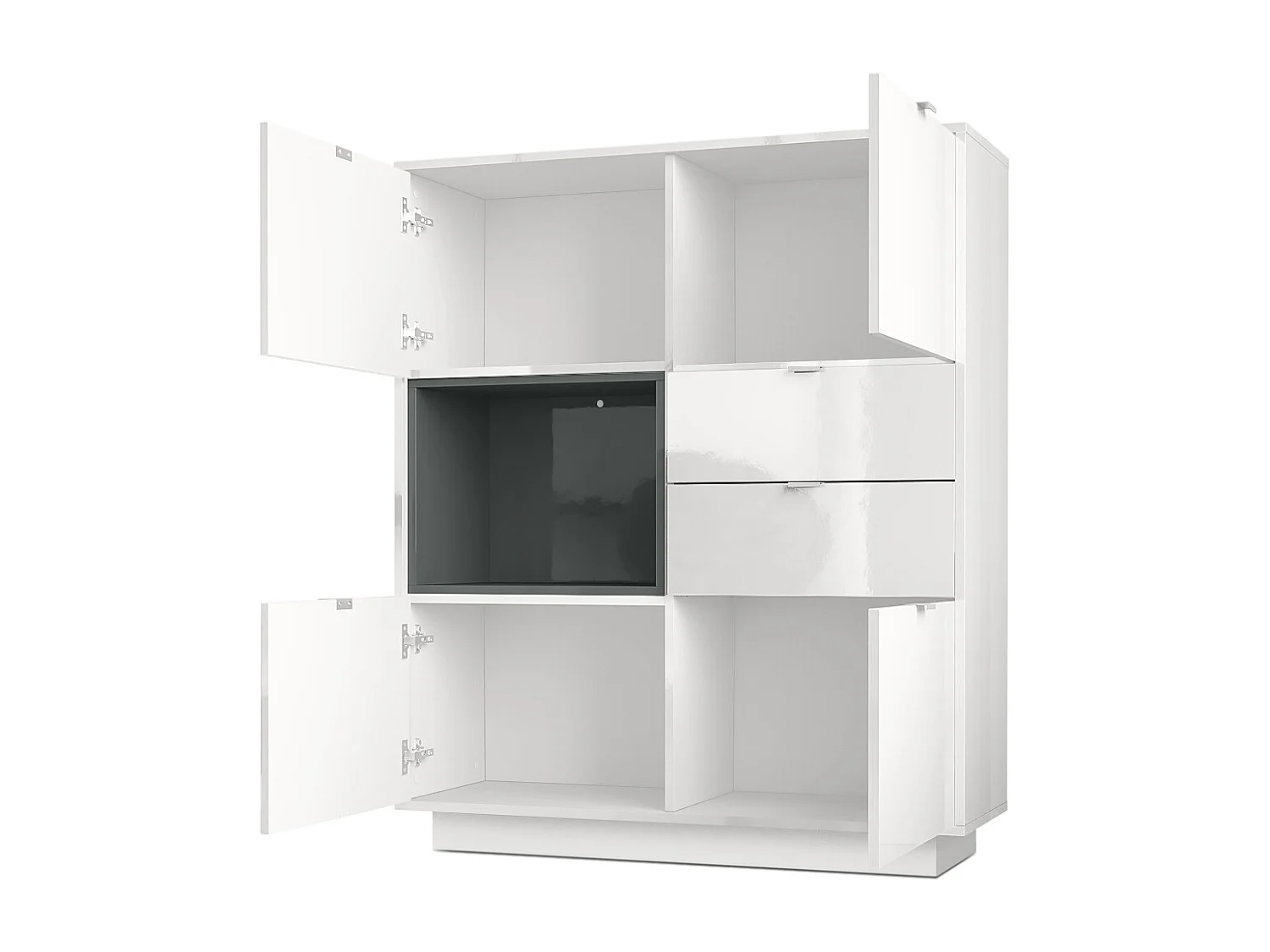 Buffet haut Armoire Metro, Corps en Blanc haute brillance / Façades en Blanc haute brillance avec une insertion en Noir haute brillance, incl. L'éclairage LED