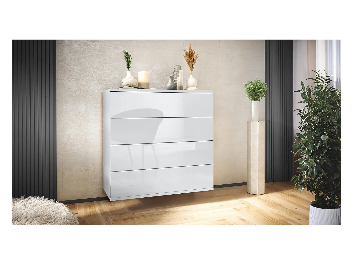 Commode suspendue Pavos V3, Buffet avec 4 tiroirs blanc mat/blanc haute brillance (76 x 76 x 35 cm)