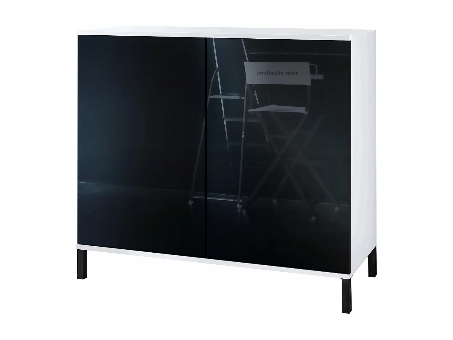 Commode Skadu V3, Buffet de Cuisine Moderne avec 2 Grandes Portes blanc mat / noir haute brillance (92,5 x 83.5 x 35)