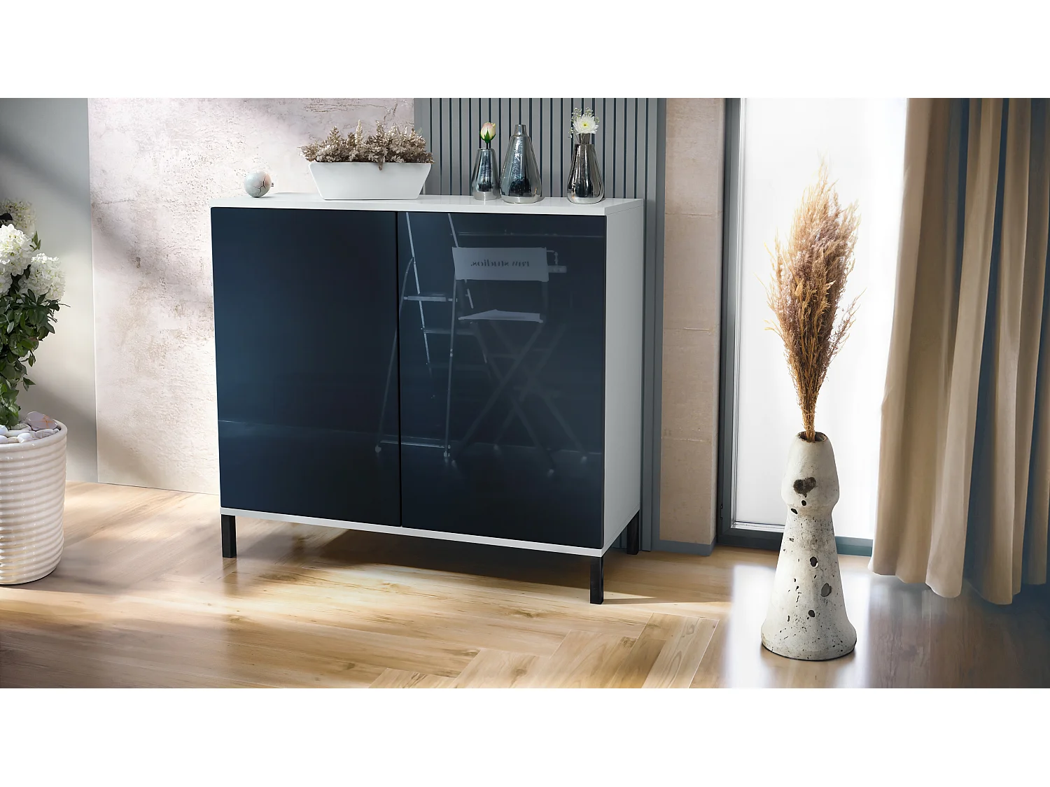 Commode Skadu V3, Buffet de Cuisine Moderne avec 2 Grandes Portes blanc mat / noir haute brillance (92,5 x 83.5 x 35)