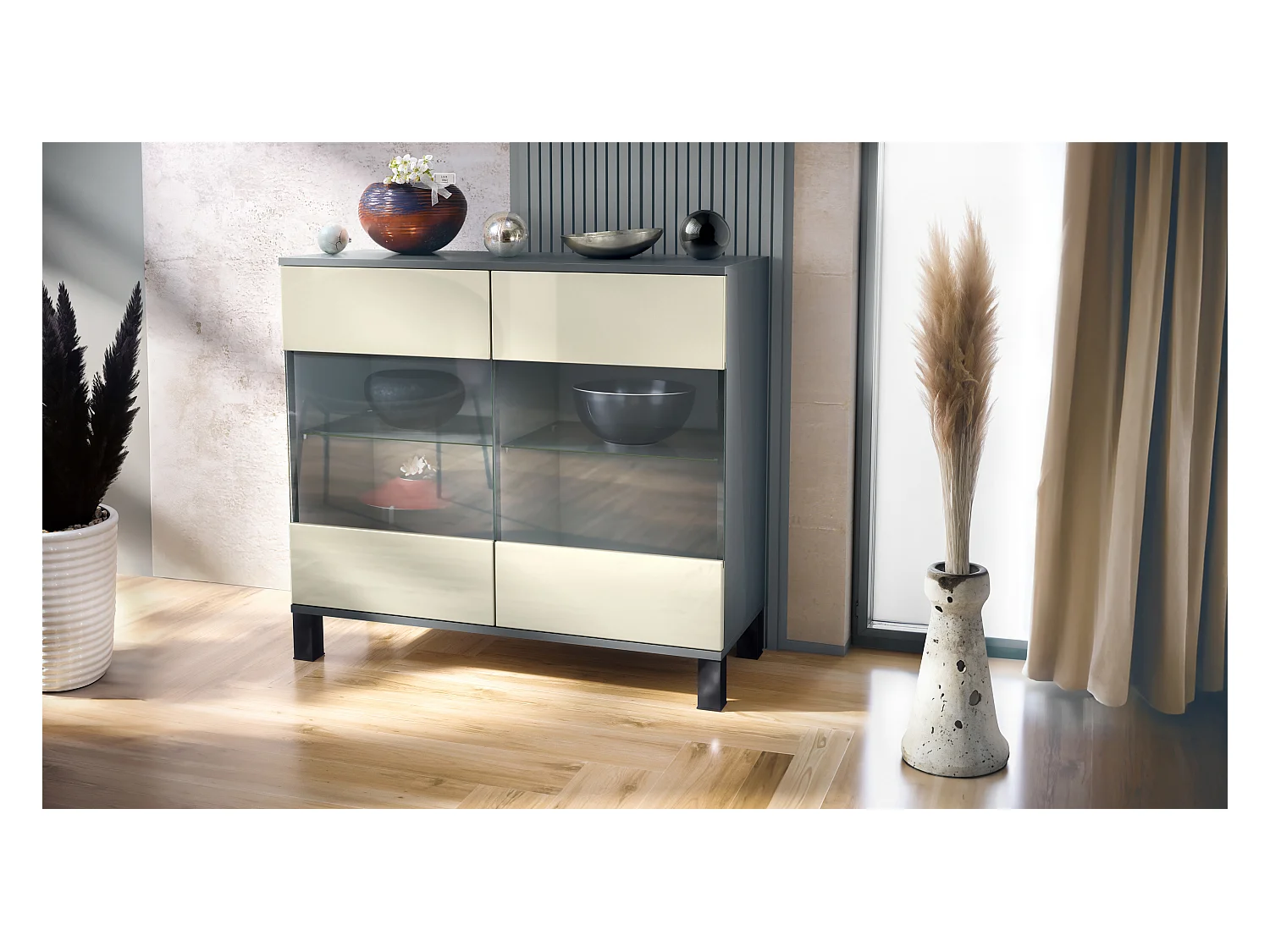 Commode Bari V3, Armoire de cuisine moderne avec 2 grandes portes vitrées anthracite mat / crème haute brillance (92,5 x 84.5 x 35)