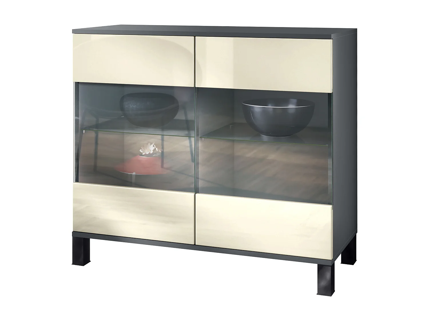 Cassettiera Bari V3, Mobile da cucina moderno con 2 grandi ante in vetro antracite opaco  / beige lucido (92,5 x 84.5 x 35)