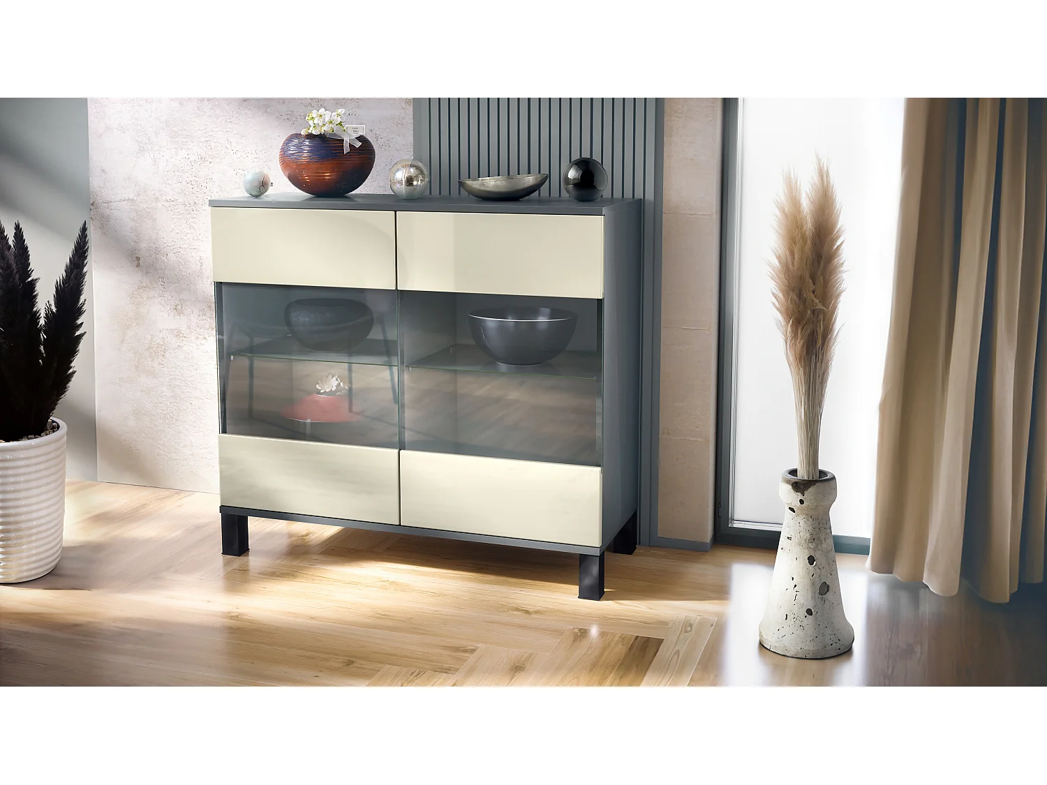 Cassettiera Bari V3, Mobile da cucina moderno con 2 grandi ante in vetro antracite opaco  / beige lucido (92,5 x 84.5 x 35)