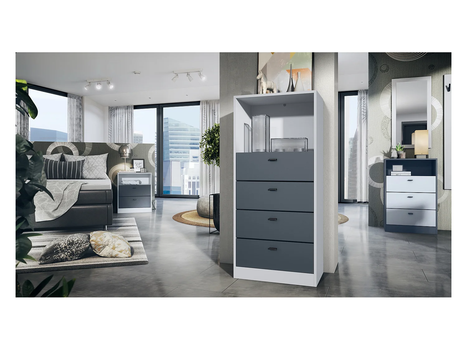 Commode Buffet Pino V3, avec 4 tiroirs & 1 compartiment ouvert, Anthracite mat/undefined sans LED (56 x 125 x 36 cm)