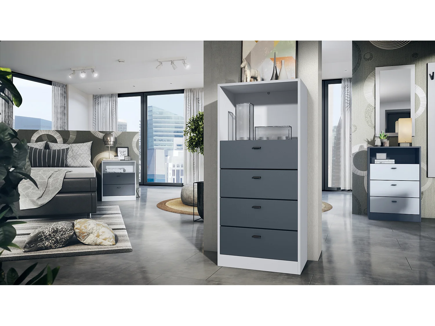 Cassettiera Pino V3, Credenza con 4 cassetti e 1 vano a giorno, Bianco opaco/non definito senza LED (56 x 125 x 36 cm)