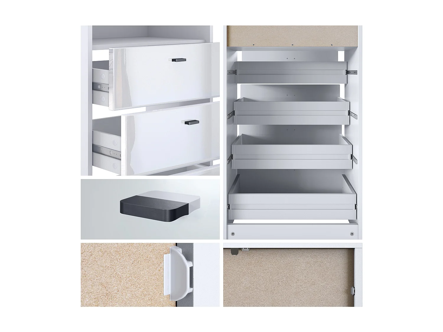 Cassettiera Pino V3, Credenza con 4 cassetti e 1 vano a giorno, Bianco opaco/non definito senza LED (56 x 125 x 36 cm)