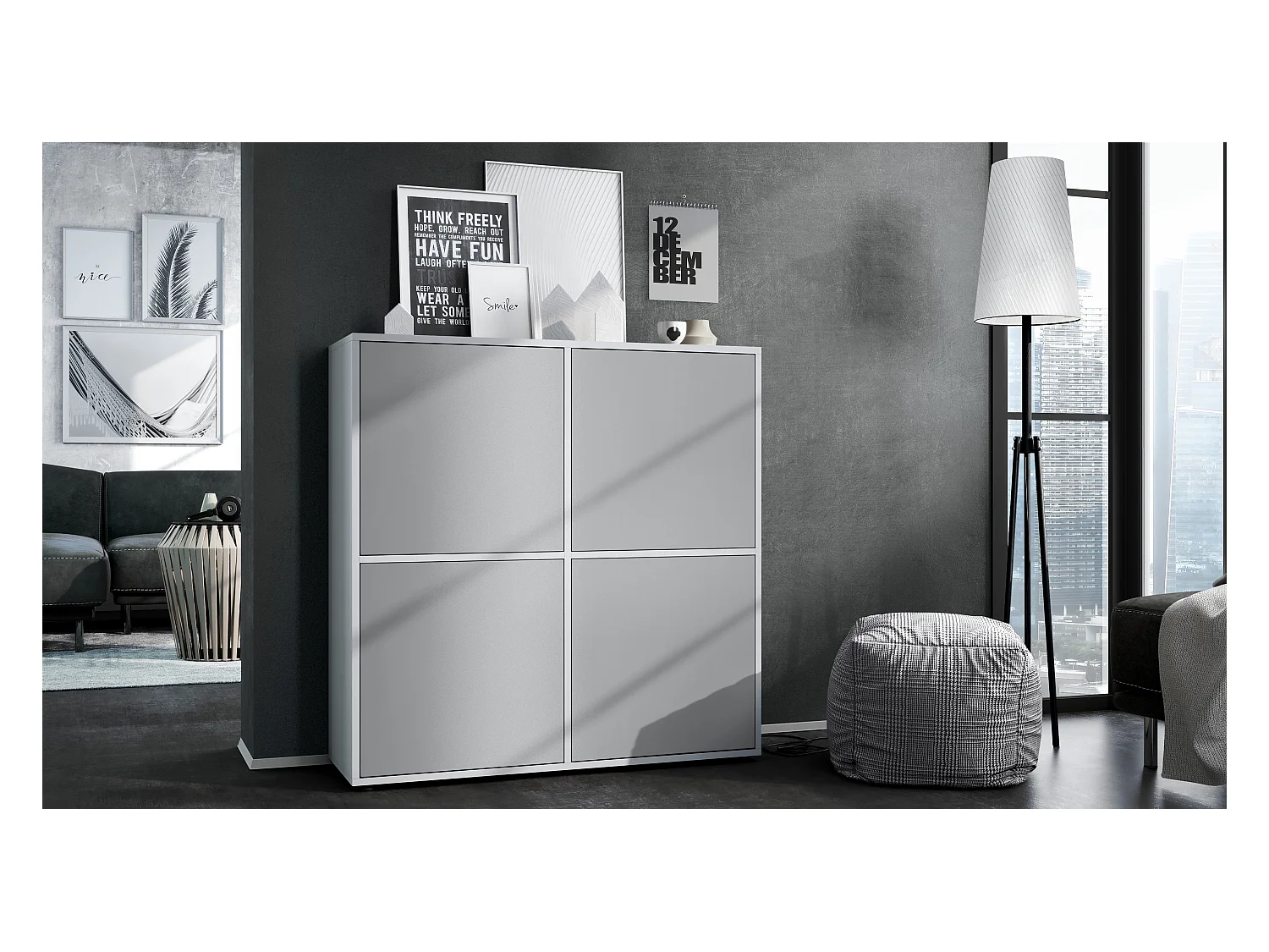 Highboard Cuba V2 Placard 104 x 105,5 x 35,5 cm Buffet à 8 compartiments, caisson en blanc mat / façades en Gris clair satiné mat