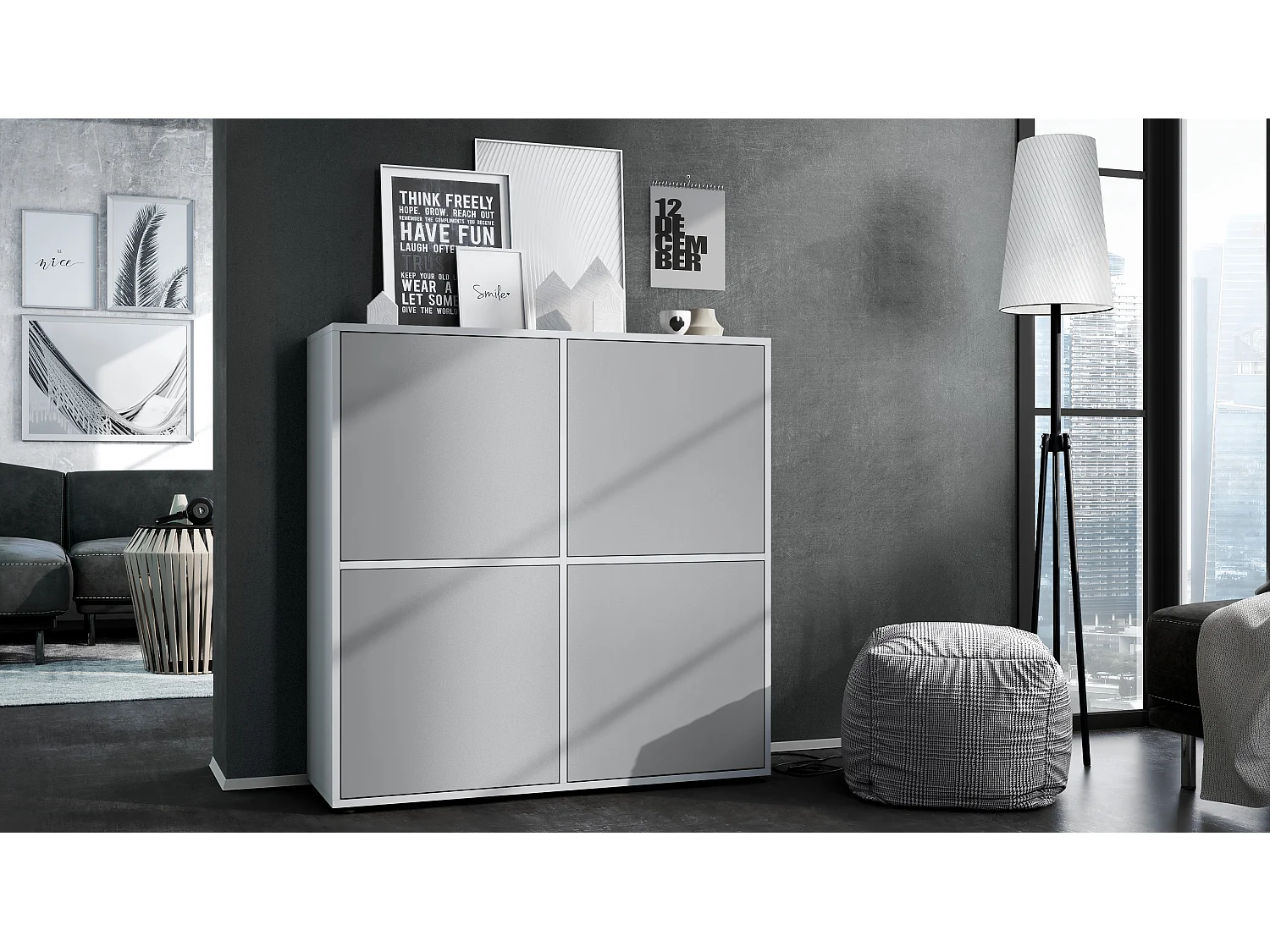 Credenza Cuba V2 Credenza 104 x 105,5 x 35,5 cm Credenza con 8 ripiani, Struttura in bianco opaco / Ante in grigio chiaro satinato