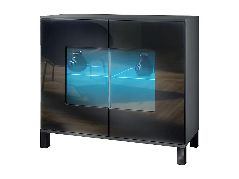 Commode Grömitz V3, Armoire de cuisine moderne avec 2 grandes portes vitrées incl. éclairage RGB anthracite mat / noir haute brillance (92,5 x 84.5 x 35)