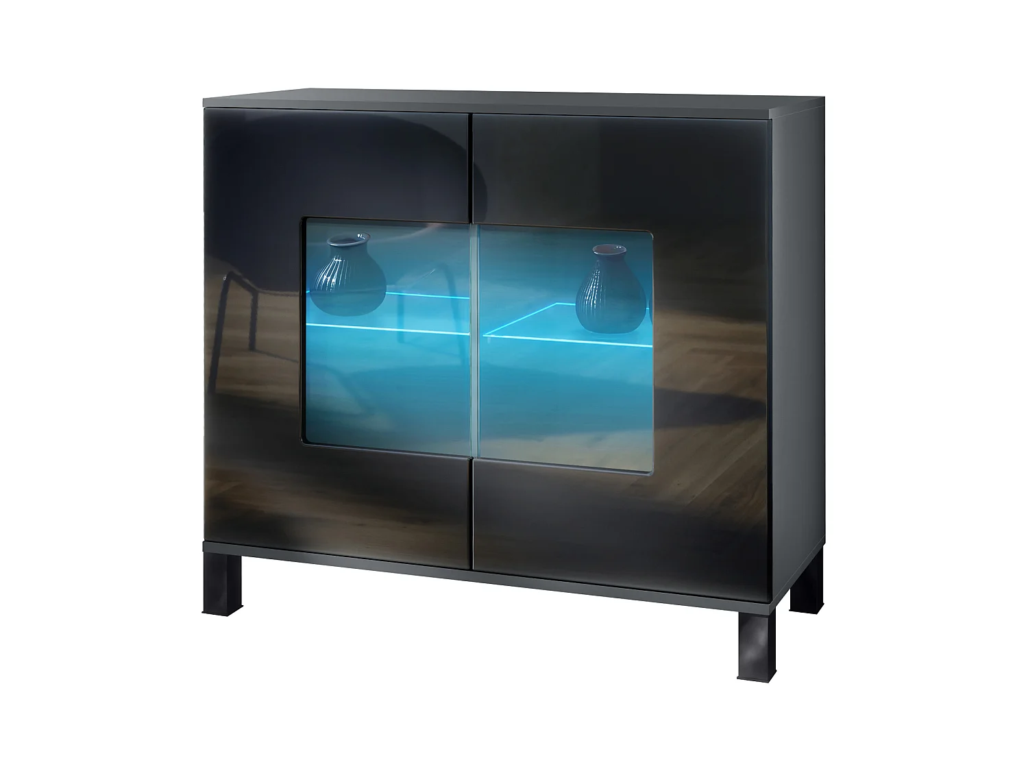 Commode Grömitz V3, Armoire de cuisine moderne avec 2 grandes portes vitrées incl. éclairage RGB anthracite mat / noir haute brillance (92,5 x 84.5 x 35)