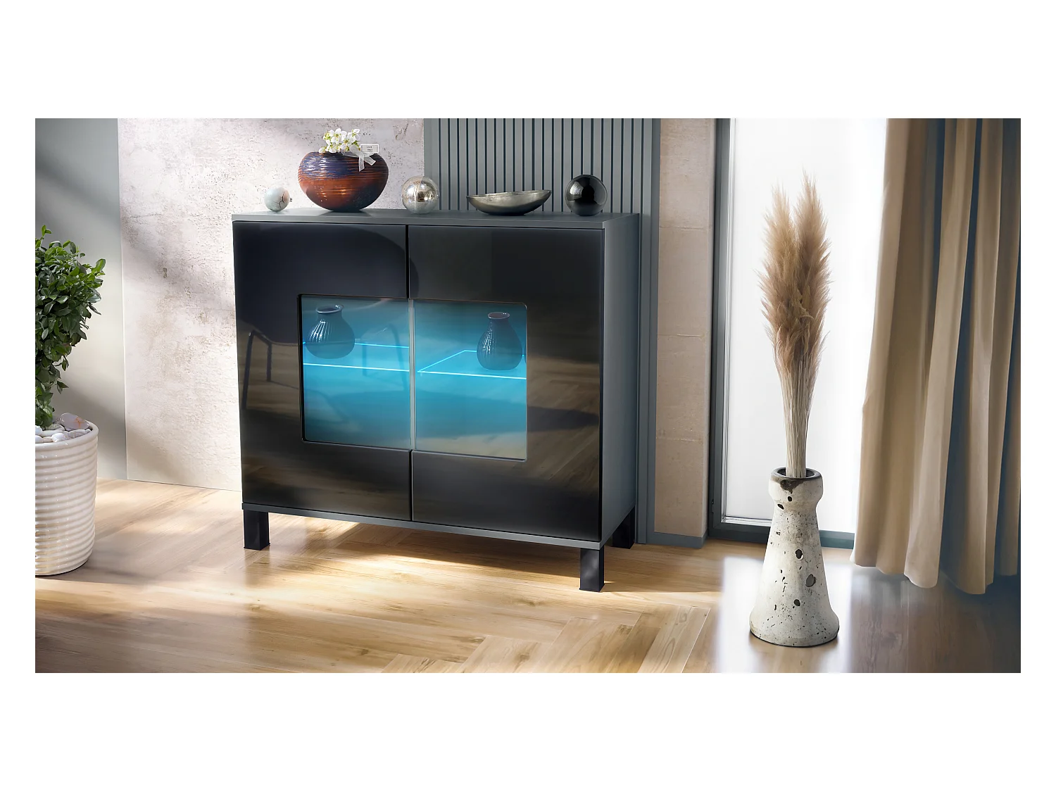 Commode Grömitz V3, Armoire de cuisine moderne avec 2 grandes portes vitrées incl. éclairage RGB anthracite mat / noir haute brillance (92,5 x 84.5 x 35)