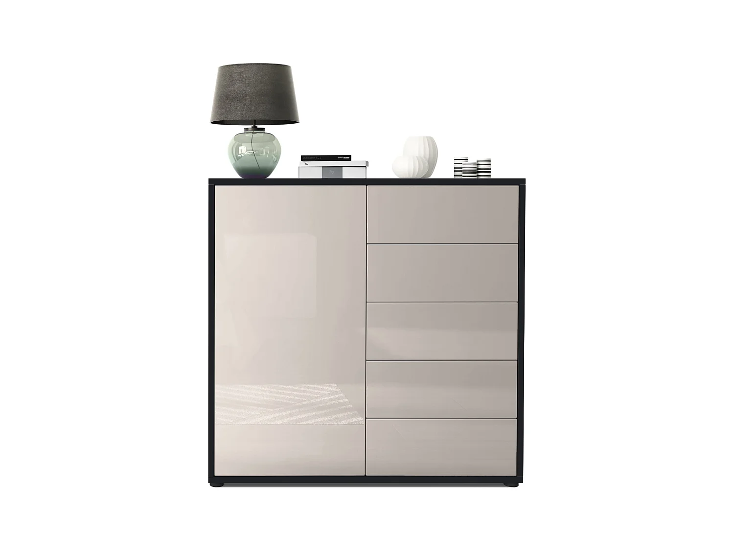 Buffet Ben V2, Commode avec 1 portes et 5 tiroirs, Noir mat/Gris sable haute brillance (79 x 74 x 36 cm)