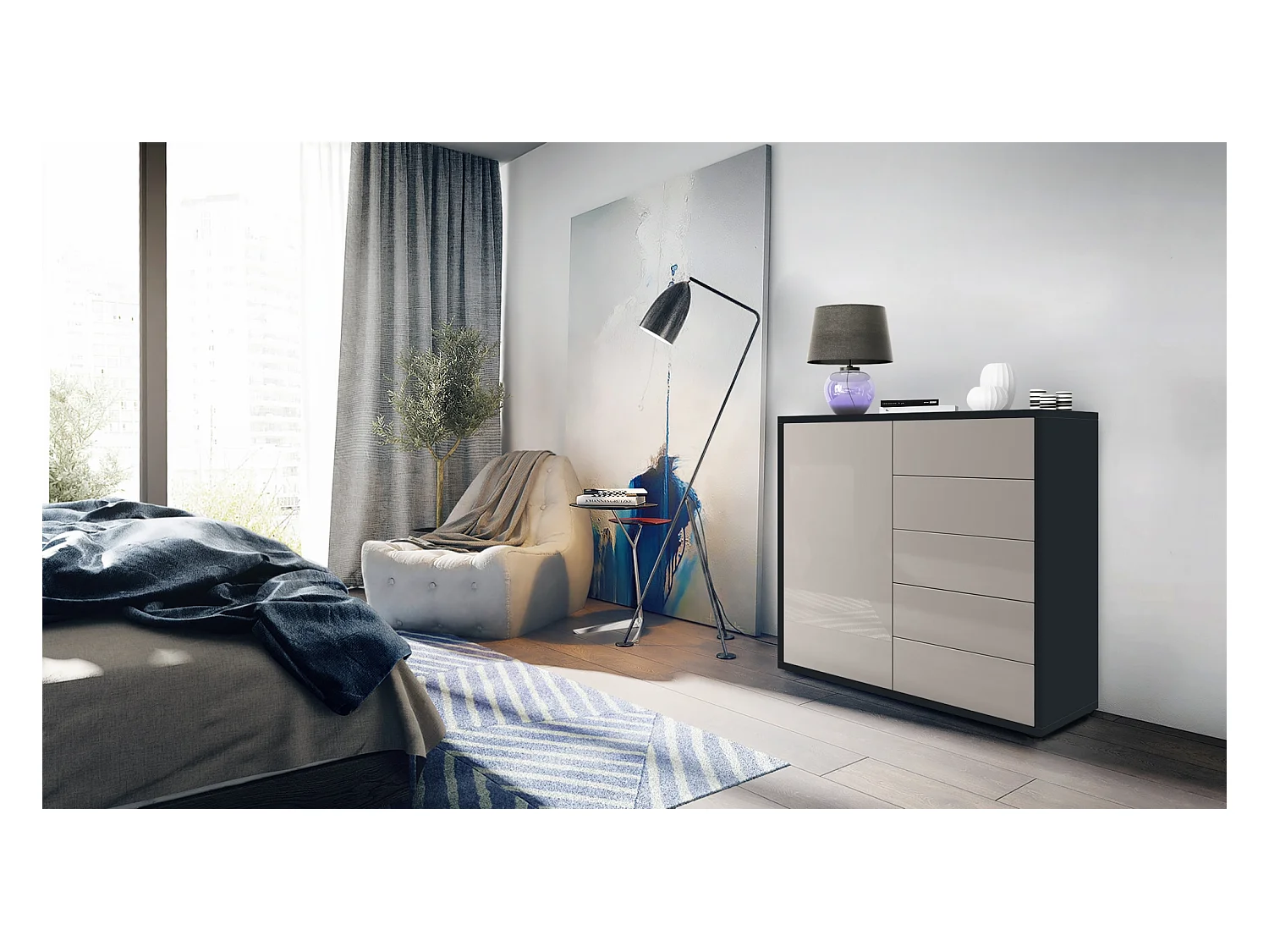 Buffet Ben V2, Commode avec 1 portes et 5 tiroirs, Noir mat/Gris sable haute brillance (79 x 74 x 36 cm)