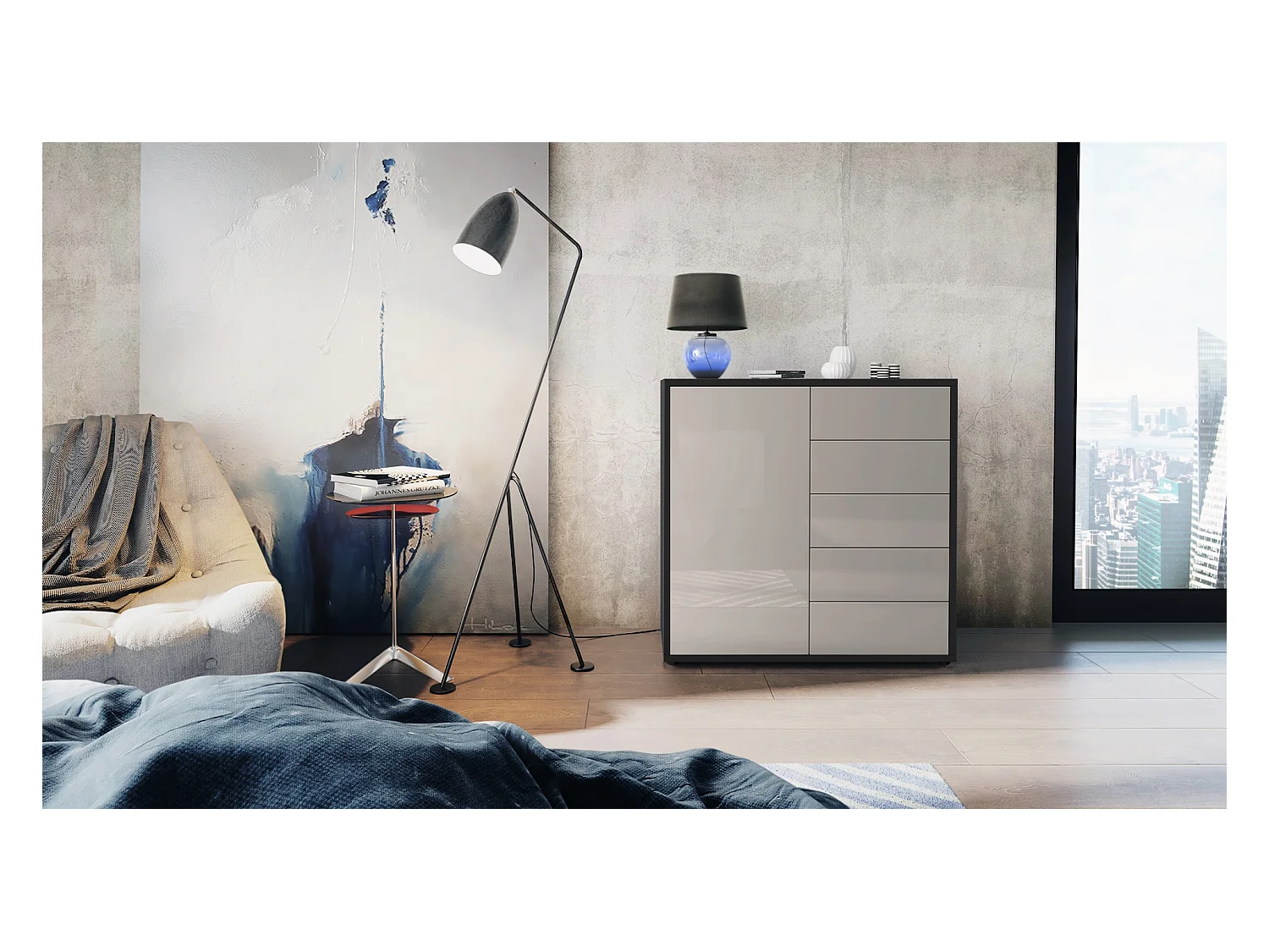 Buffet Ben V2, Commode avec 1 portes et 5 tiroirs, Noir mat/Gris sable haute brillance (79 x 74 x 36 cm)