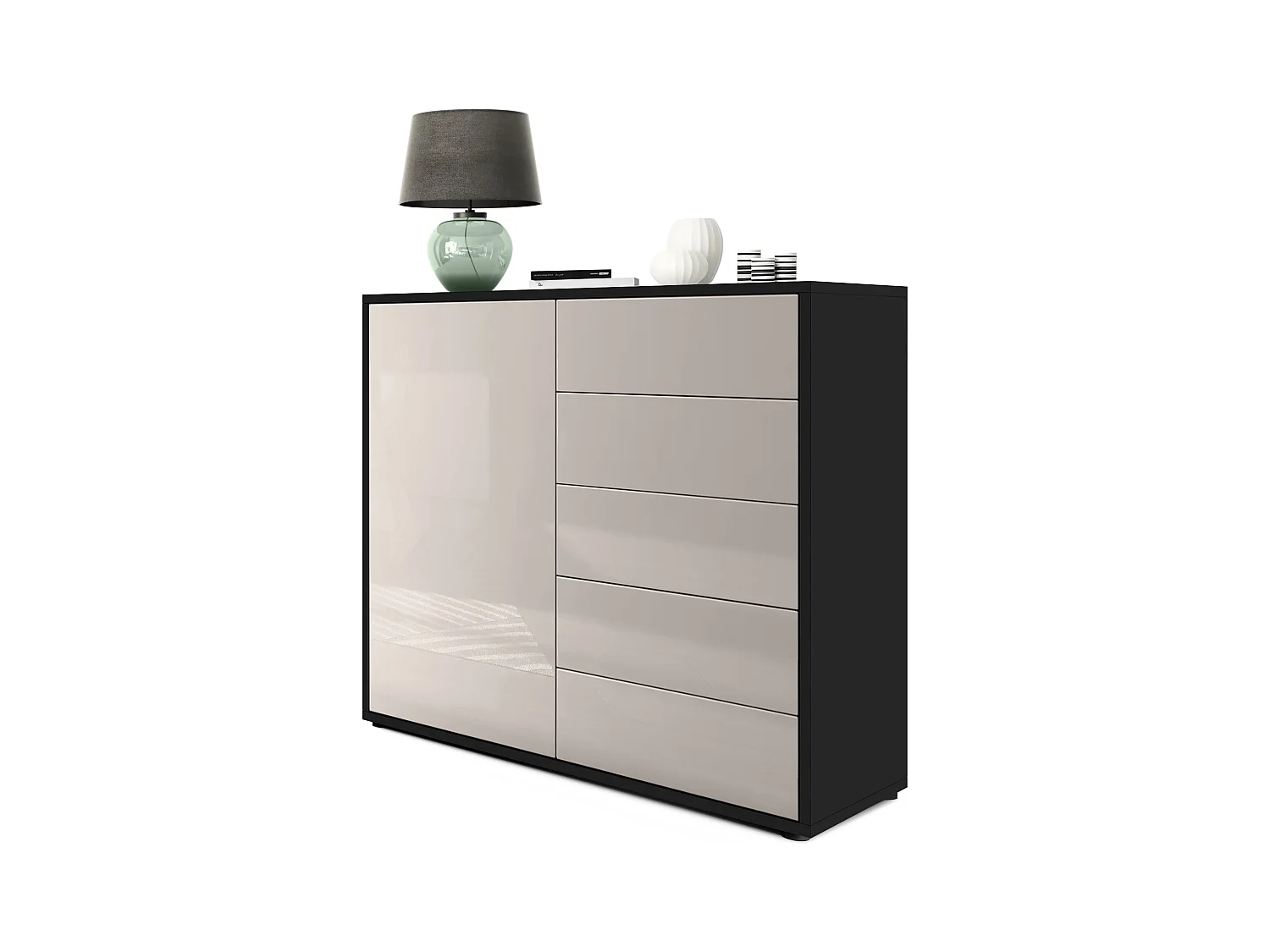 Buffet Ben V2, Commode avec 1 portes et 5 tiroirs, Noir mat/Gris sable haute brillance (79 x 74 x 36 cm)