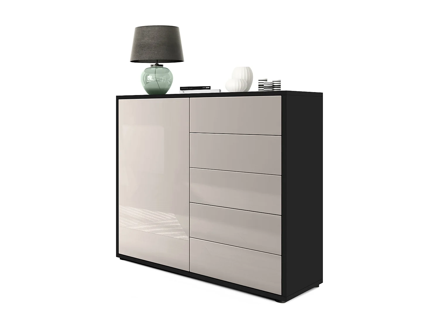 Madia  Ben V2, mobile con 1 anta e 5 cassetti, nero opaco/grigio sabbia lucido (79 x 74 x 36 cm)
