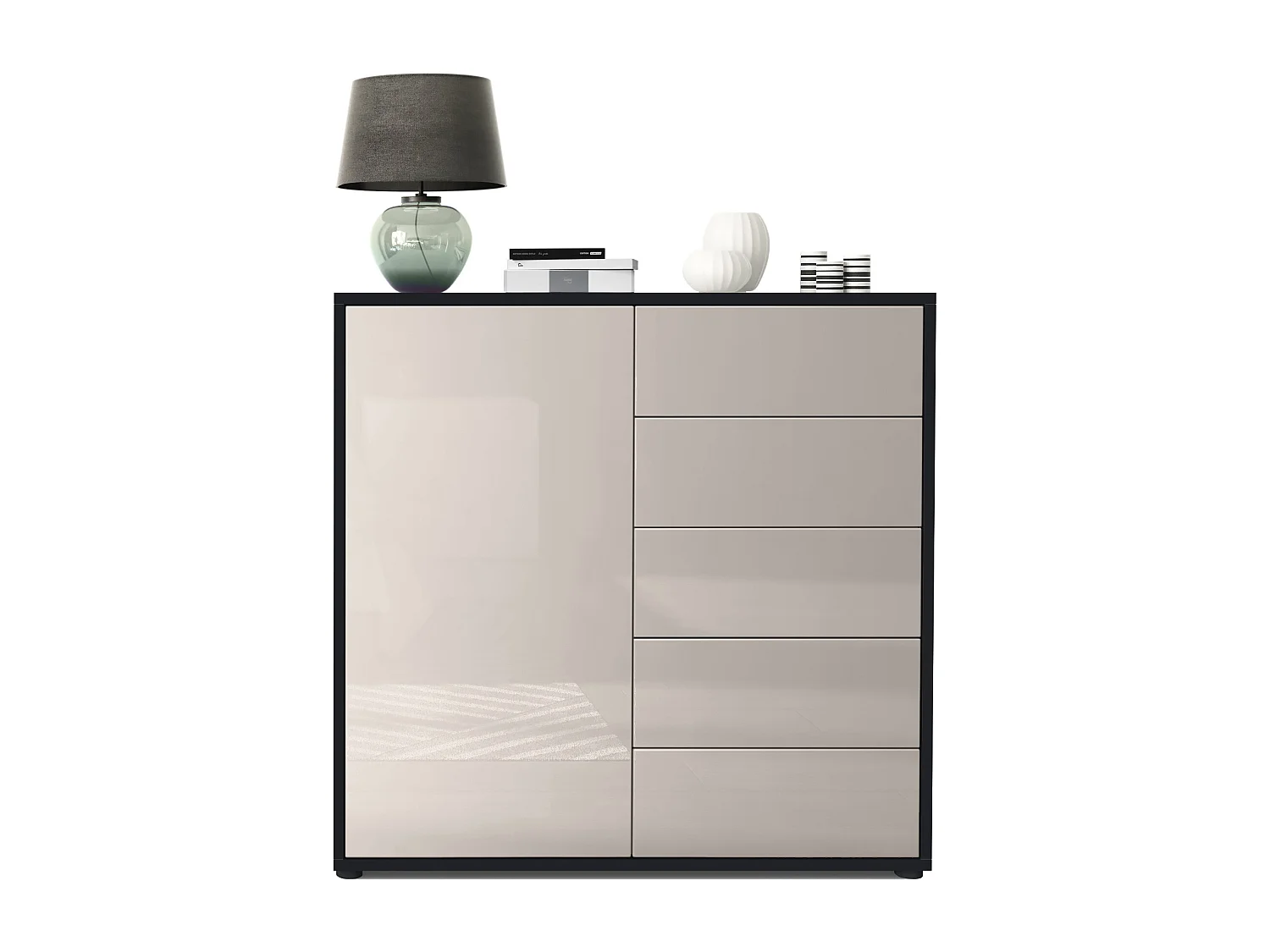 Madia  Ben V2, mobile con 1 anta e 5 cassetti, nero opaco/grigio sabbia lucido (79 x 74 x 36 cm)