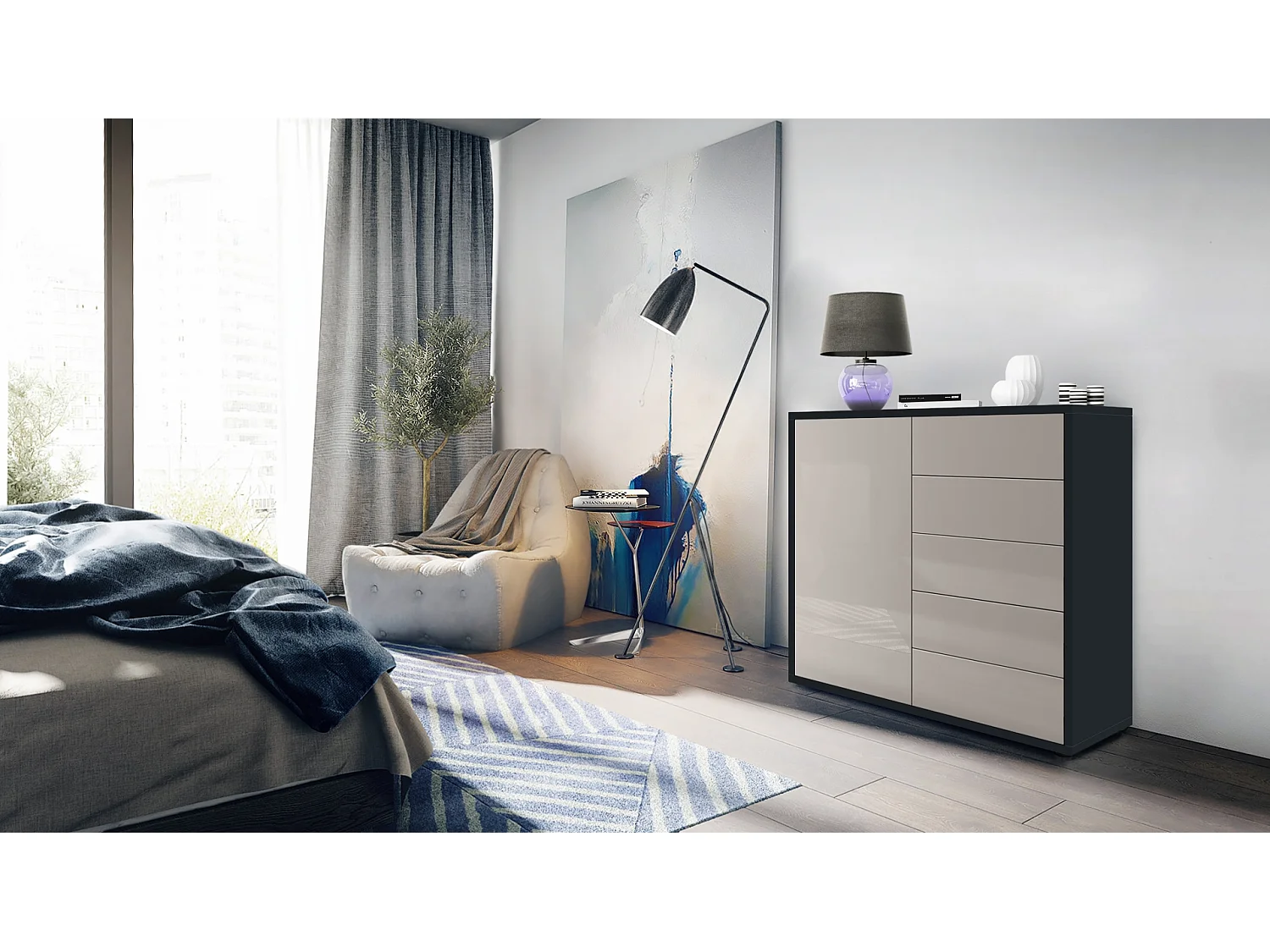 Madia  Ben V2, mobile con 1 anta e 5 cassetti, nero opaco/grigio sabbia lucido (79 x 74 x 36 cm)