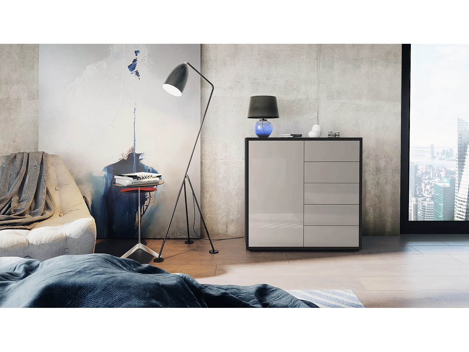 Madia  Ben V2, mobile con 1 anta e 5 cassetti, nero opaco/grigio sabbia lucido (79 x 74 x 36 cm)