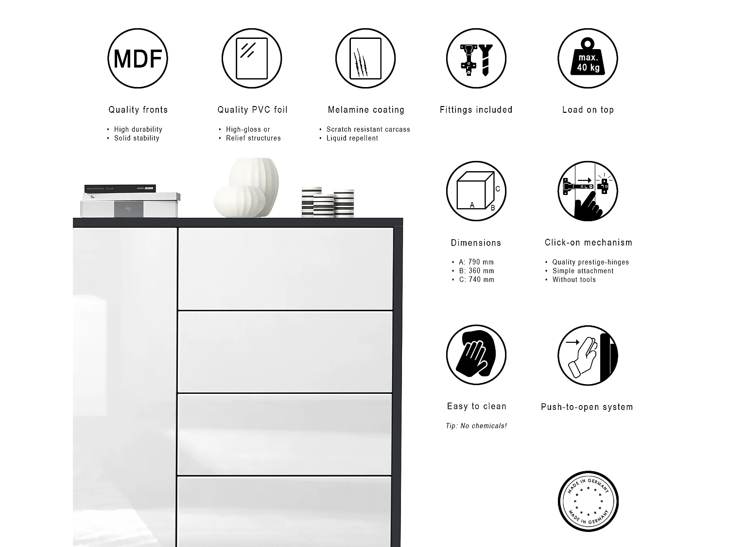 Madia  Ben V2, mobile con 1 anta e 5 cassetti, nero opaco/grigio sabbia lucido (79 x 74 x 36 cm)