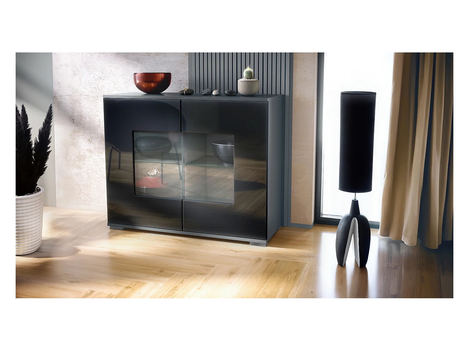 Commode Grömitz V3, Armoire de cuisine moderne avec 2 grandes portes vitrées anthracite mat / noir haute brillance (92,5 x 75.5 x 35)