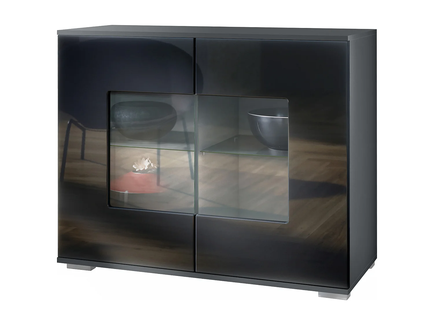 Cómoda Grömitz V3, Moderno armario de cocina con 2 grandes puertas de cristal antracita mate / negro de alto brillo (92,5 x 75.5 x 35)