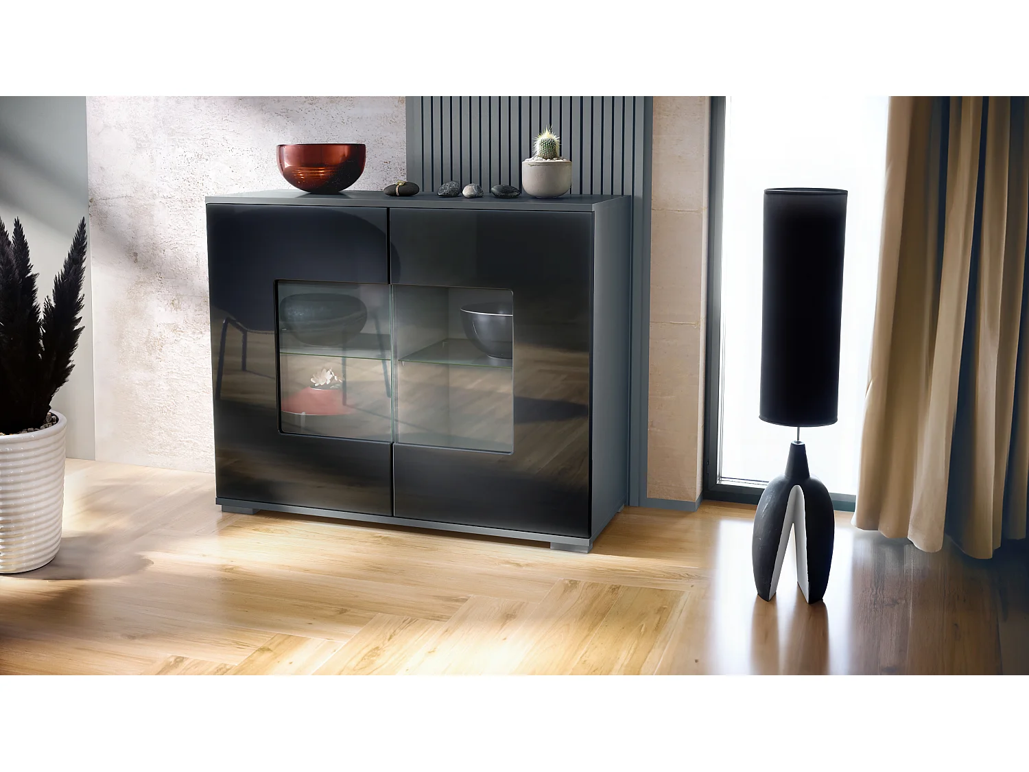 Cómoda Grömitz V3, Moderno armario de cocina con 2 grandes puertas de cristal antracita mate / negro de alto brillo (92,5 x 75.5 x 35)