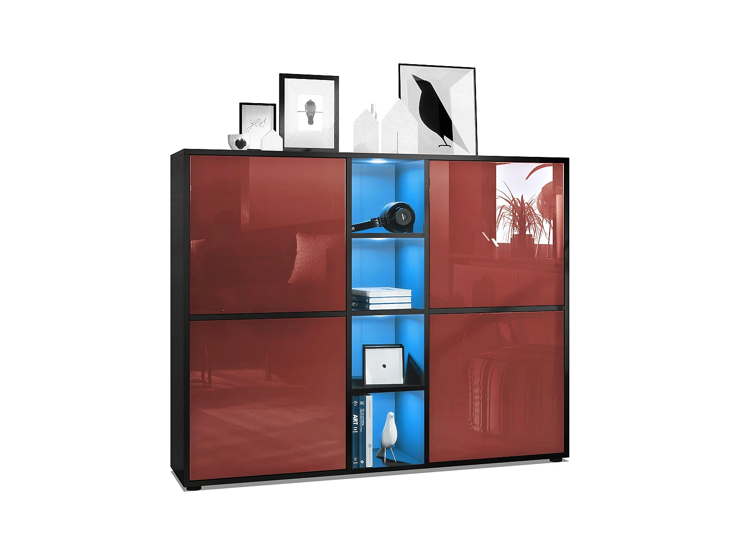 Highboard Cuba V3, noir mat/bordeaux haute brillance y compris LED - Buffet moderne à 12 compartiments (130,5 x 105,5 x 35,5 cm)