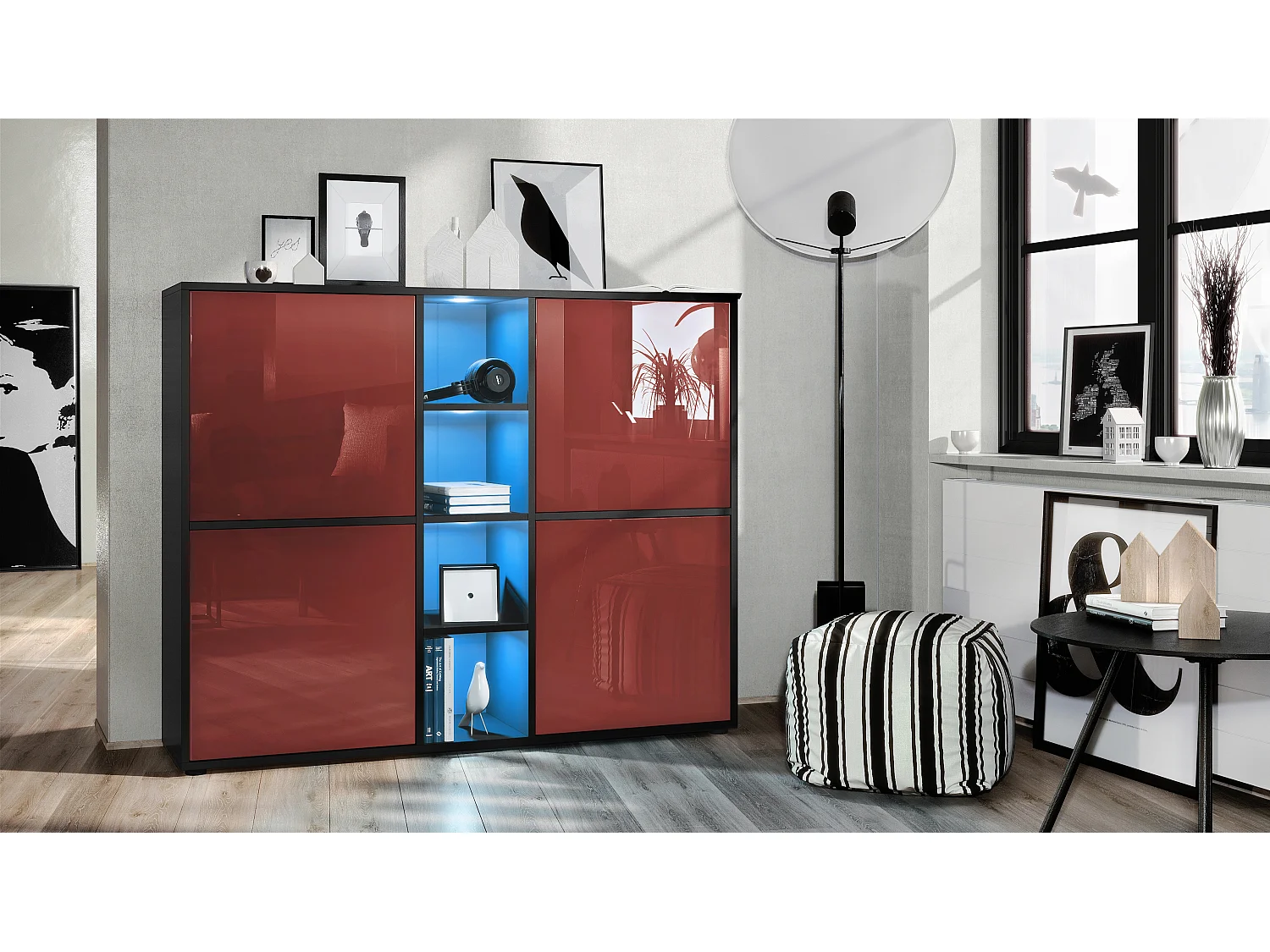 Highboard Cuba V3, noir mat/bordeaux haute brillance y compris LED - Buffet moderne à 12 compartiments (130,5 x 105,5 x 35,5 cm)