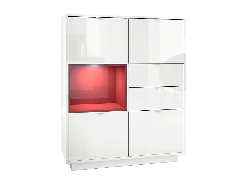 Buffet haut Armoire Metro, Corps en Blanc haute brillance / Façades en Blanc haute brillance avec une insertion en Bordeaux haute brillance, incl. L'éclairage LED