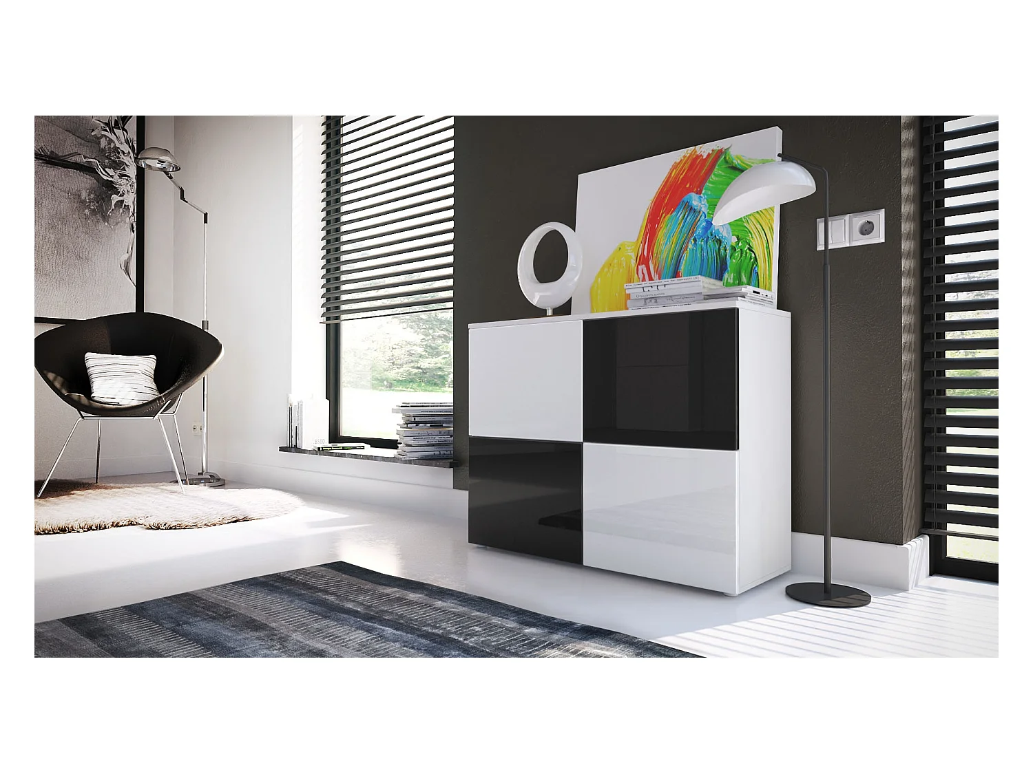 KOMMODE Rova Weiß Hochglanz / Schwarz Hochglanz