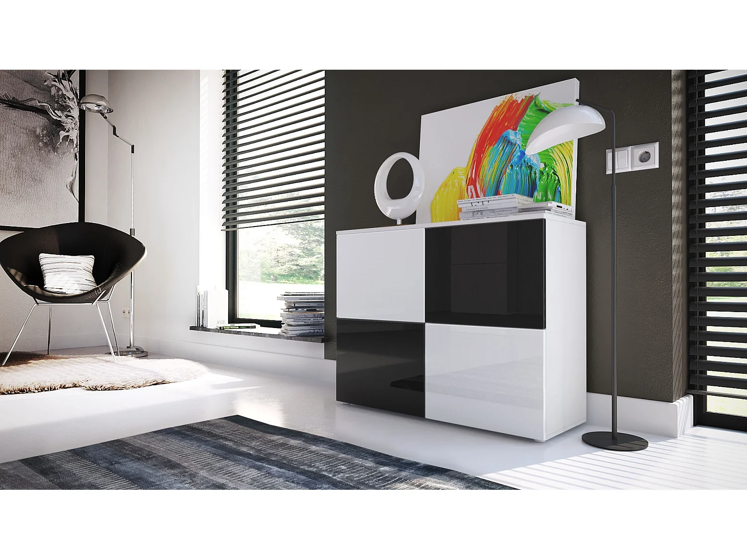 KOMMODE Rova Weiß Hochglanz / Schwarz Hochglanz