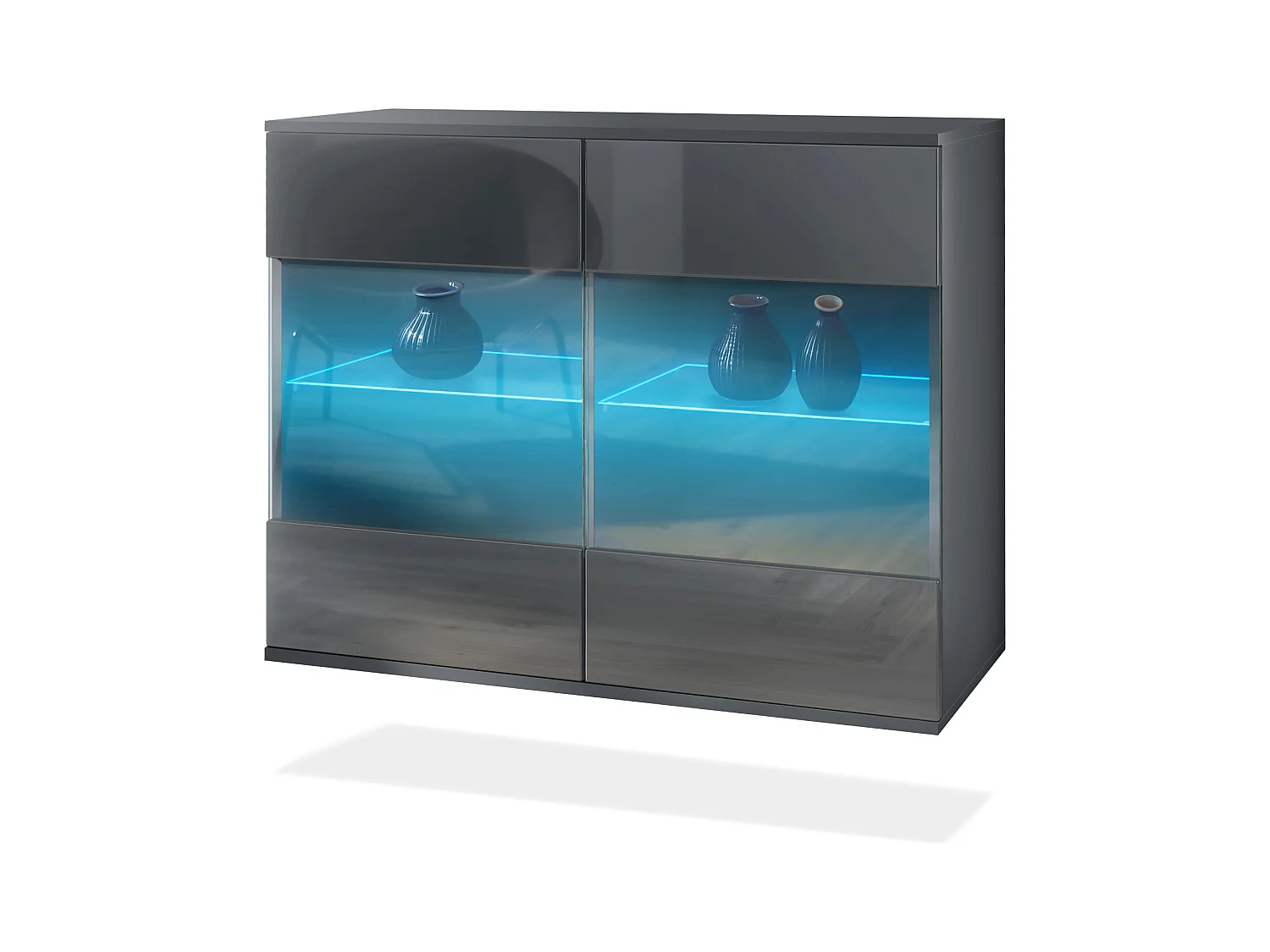 Commode Bari V3, Armoire de cuisine moderne avec 2 grandes portes vitrées incl. éclairage RGB anthracite mat / gris haute brillance (92,5 x 73.5 x 35)