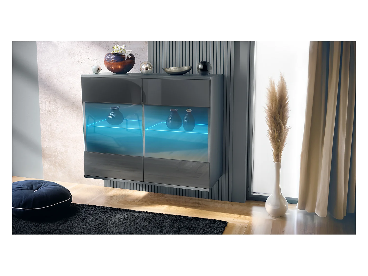 Commode Bari V3, Armoire de cuisine moderne avec 2 grandes portes vitrées incl. éclairage RGB anthracite mat / gris haute brillance (92,5 x 73.5 x 35)