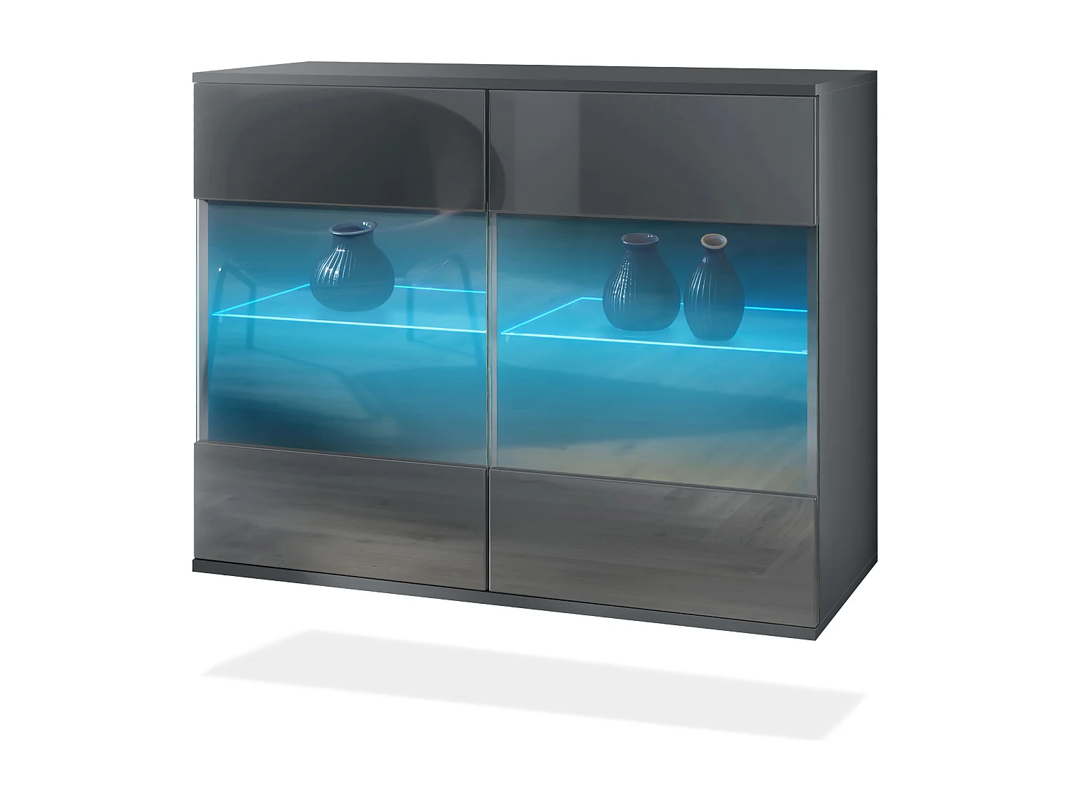 Cómoda Bari V3, Moderno armario de cocina con 2 grandes puertas de cristal incl. iluminación RGB antracita mate / gris de alto brillo (92,5 x 73.5 x 35)