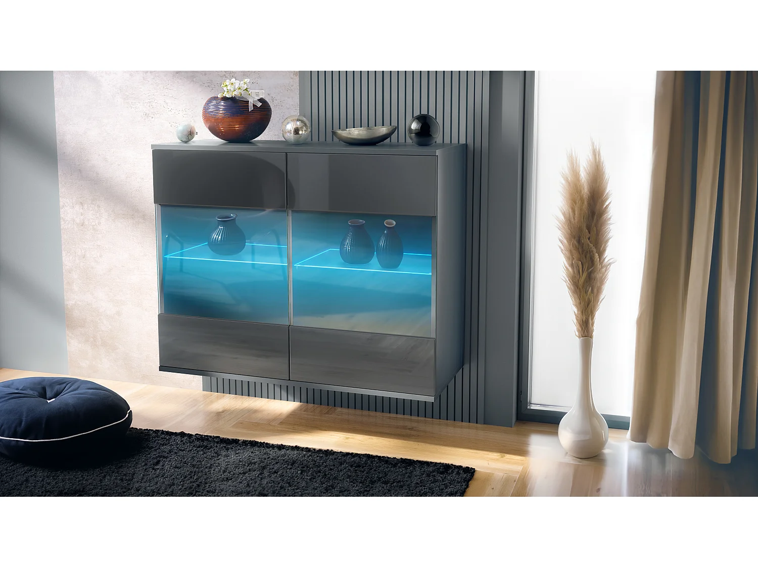 Cómoda Bari V3, Moderno armario de cocina con 2 grandes puertas de cristal incl. iluminación RGB antracita mate / gris de alto brillo (92,5 x 73.5 x 35)