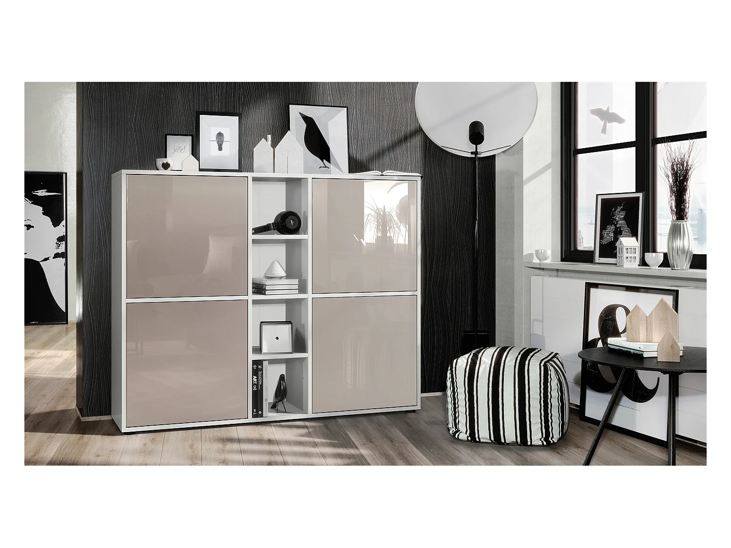 Highboard Cuba V3, blanc mat/gris sable haute brillance - Buffet moderne à 12 compartiments (130,5 x 105,5 x 35,5 cm)