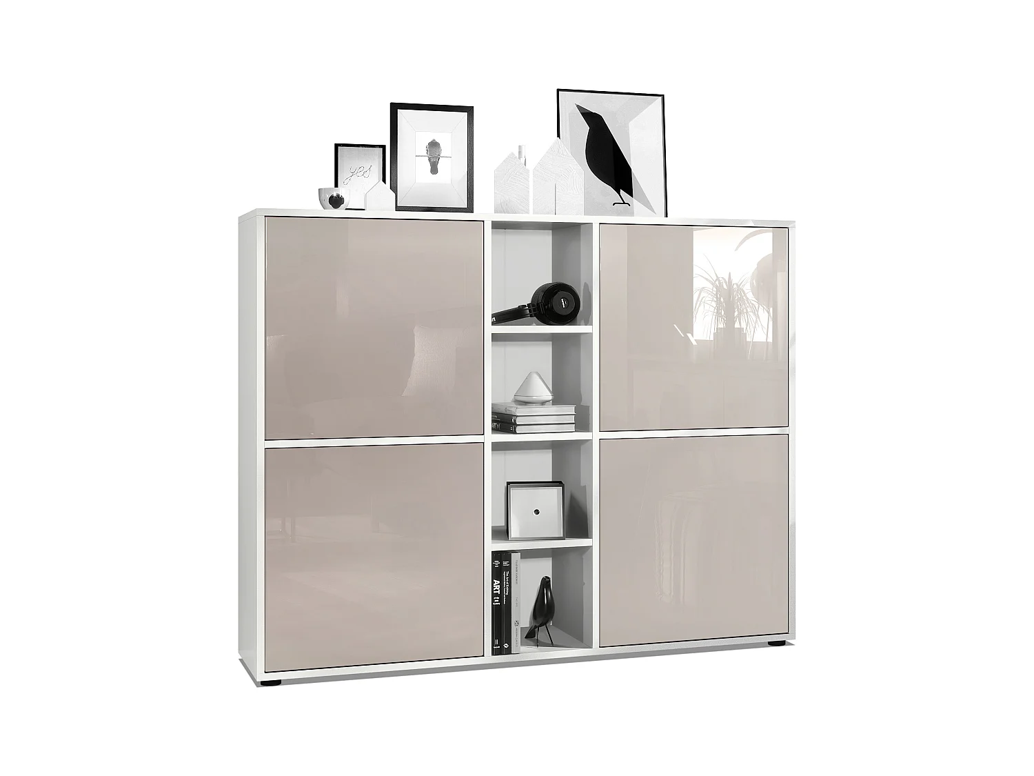 Highboard Cuba V3, blanc mat/gris sable haute brillance - Buffet moderne à 12 compartiments (130,5 x 105,5 x 35,5 cm)