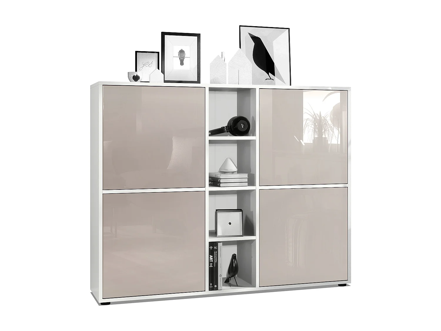 Vladon Credenza Cuba V3, bianco opaco/grigio sabbia lucido - Credenza moderna con 12 scomparti (130,5 x 105,5 x 35,5 cm)