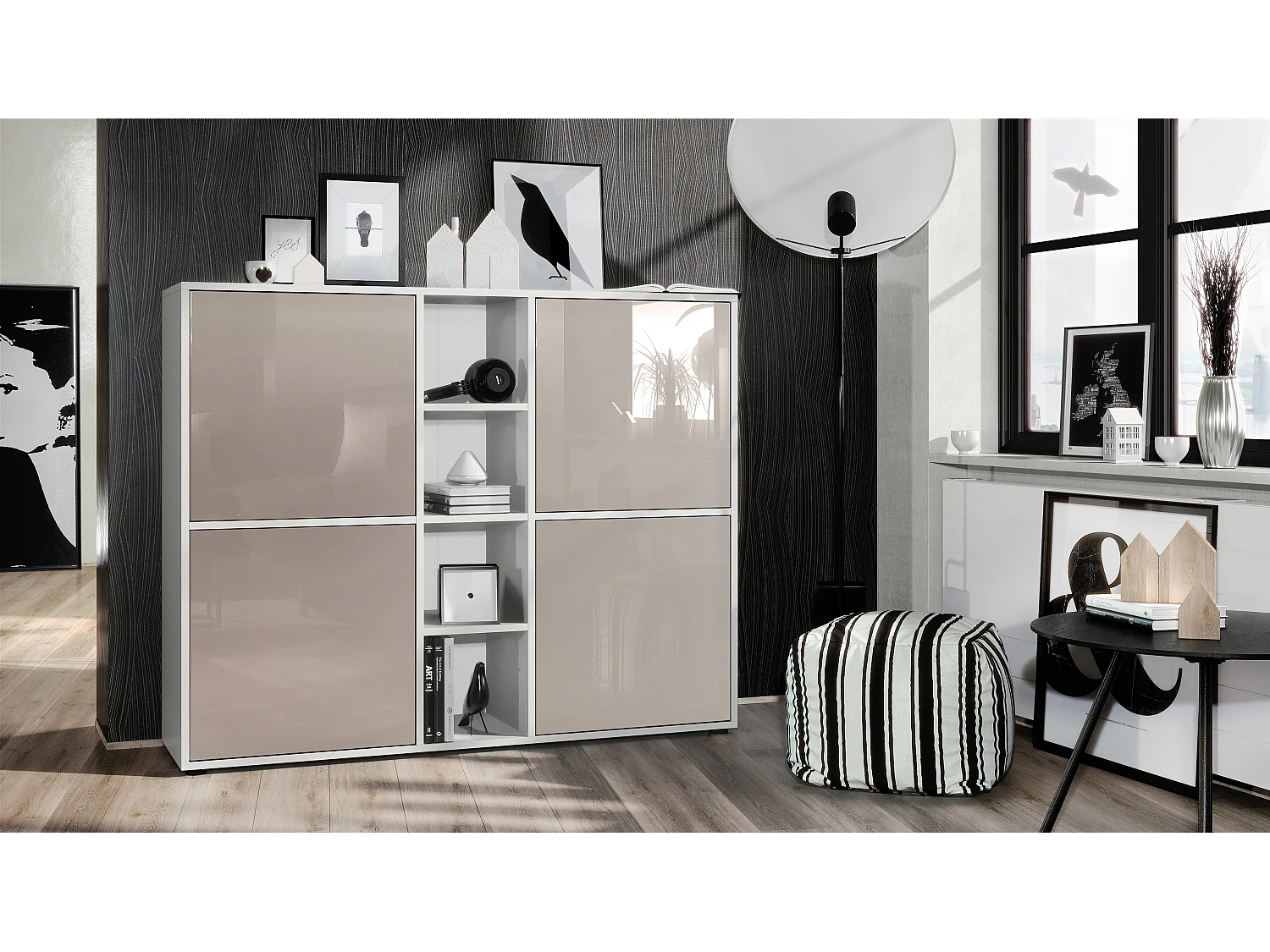 Vladon Credenza Cuba V3, bianco opaco/grigio sabbia lucido - Credenza moderna con 12 scomparti (130,5 x 105,5 x 35,5 cm)