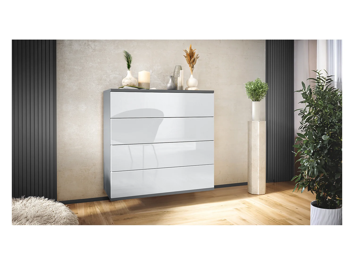Commode suspendue Pavos V3, Buffet avec 4 tiroirs anthracite mat/blanc haute brillance (76 x 76 x 35 cm)