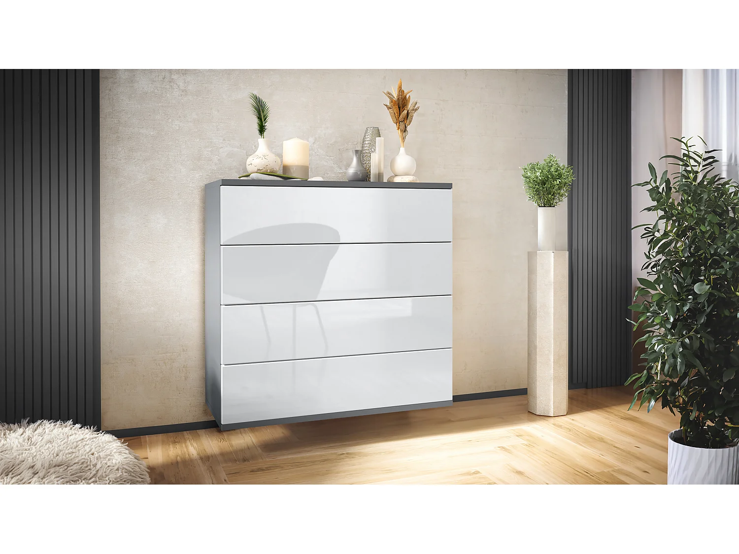 Cassettiera sospesa Pavos V3, Credenza con 4 cassetti antracite opaco /bianco lucido (76 x 76 x 35 cm)