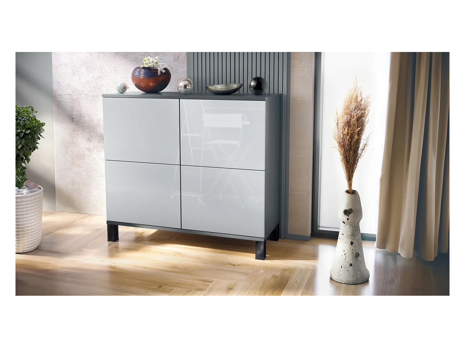 Buffet Rova V3 – Meuble de cuisine moderne avec 4 portes Push-to-Open anthracite mat / blanc haute brillance (92,5 x 84.5 x 35)