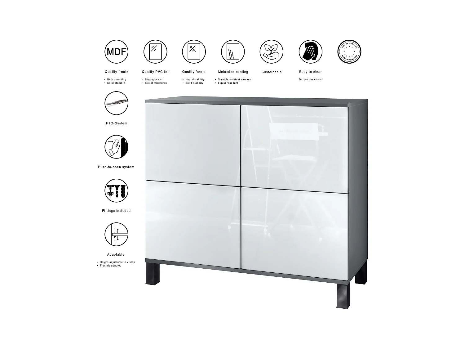 Buffet Rova V3 – Meuble de cuisine moderne avec 4 portes Push-to-Open anthracite mat / blanc haute brillance (92,5 x 84.5 x 35)