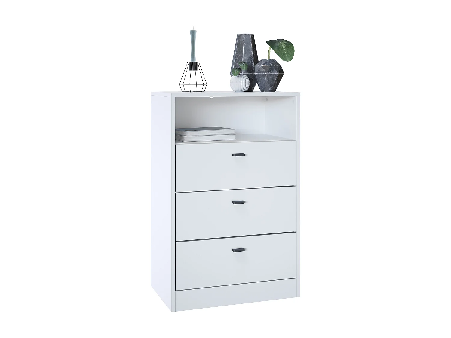Ensemble de vestiaires Pino V2, 2 Panneaux muraux 140 cm et buffet avec 2 tiroirs & 1 compartiment ouvert, blanc mat/blanc mat (56 x 67,5 x 36 cm)