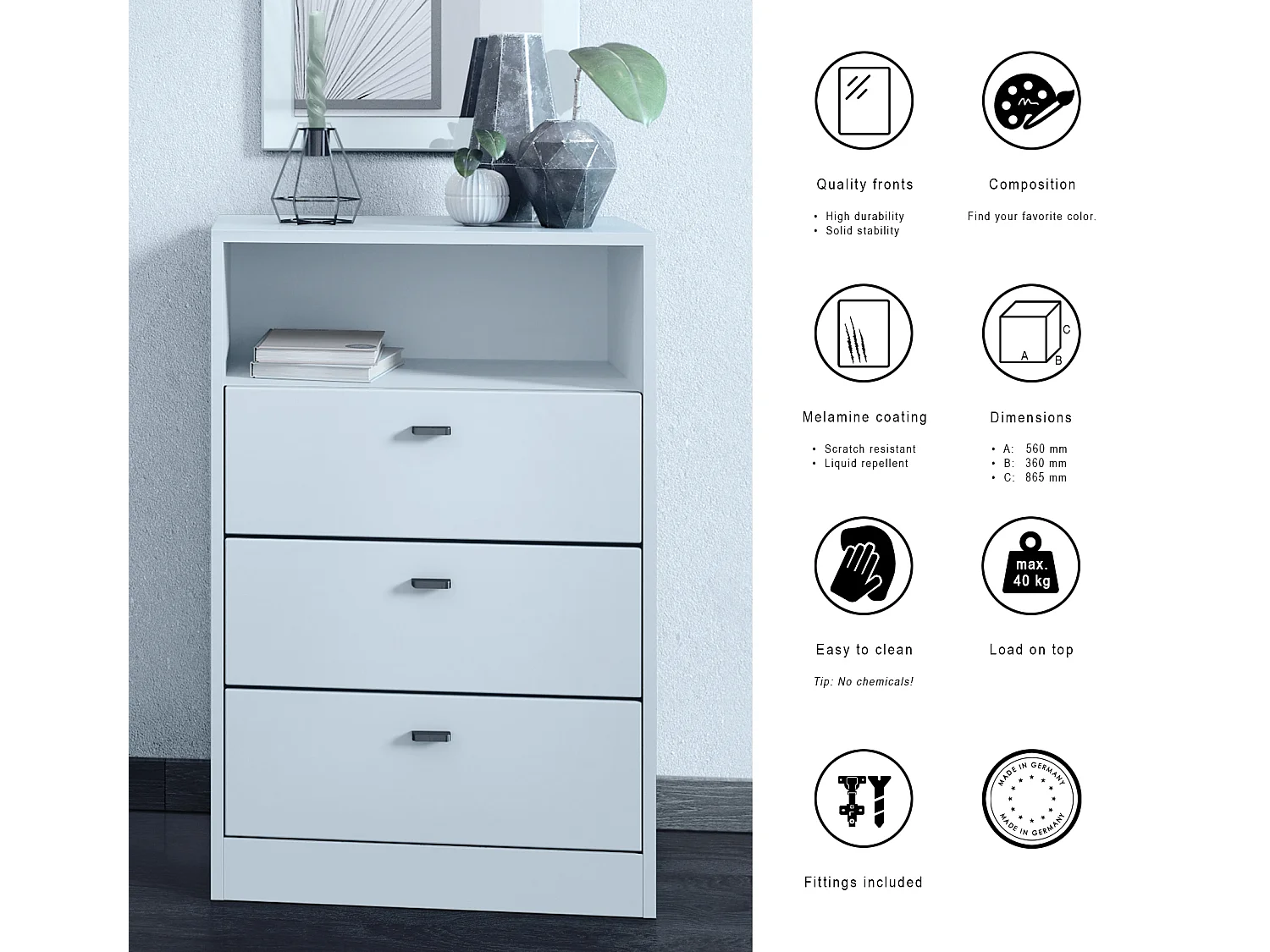 Ensemble de vestiaires Pino V2, 2 Panneaux muraux 140 cm et buffet avec 2 tiroirs & 1 compartiment ouvert, blanc mat/blanc mat (56 x 67,5 x 36 cm)