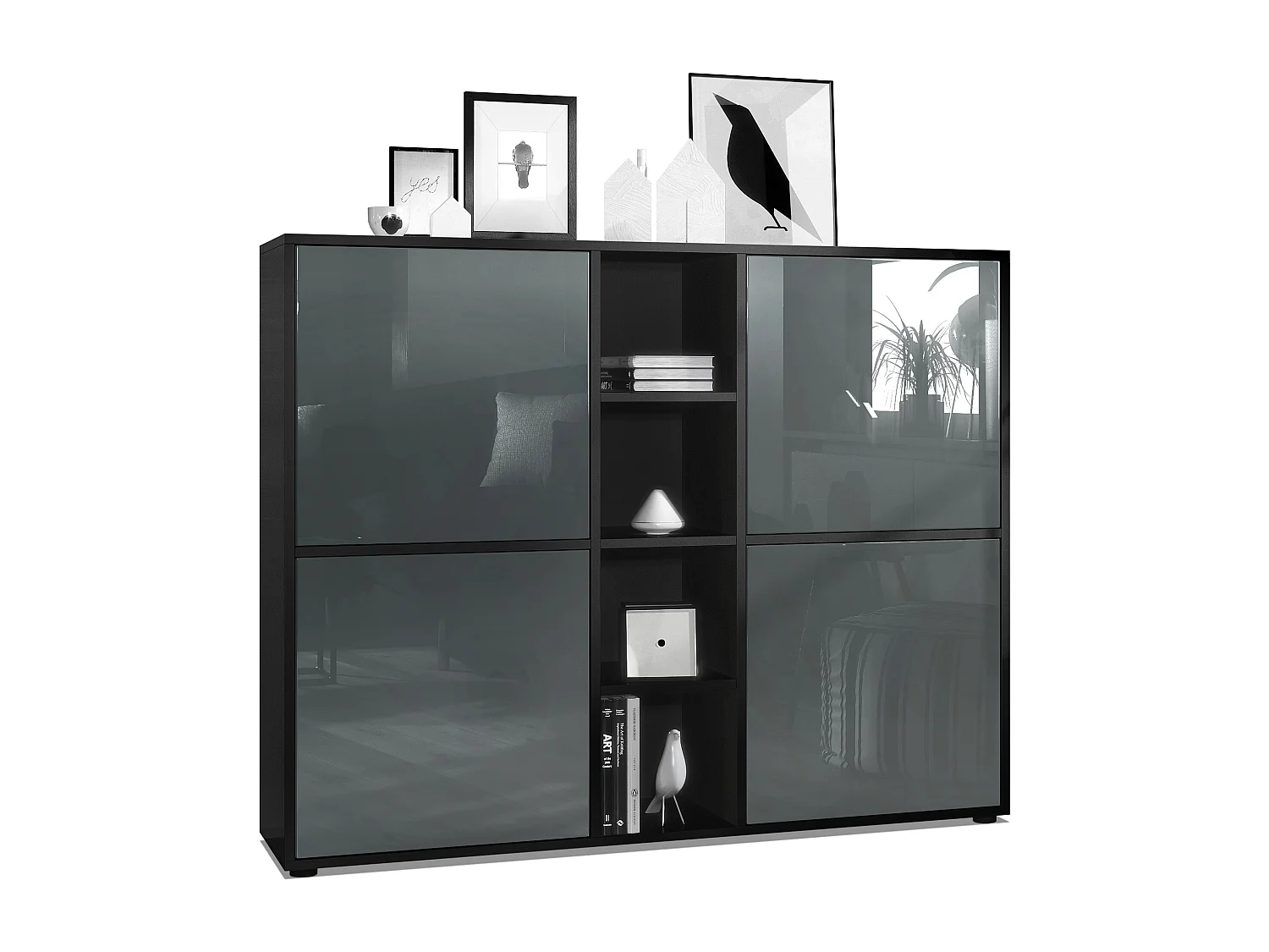 Highboard Cuba V3, noir mat/gris haute brillance - Buffet moderne à 12 compartiments (130,5 x 105,5 x 35,5 cm)